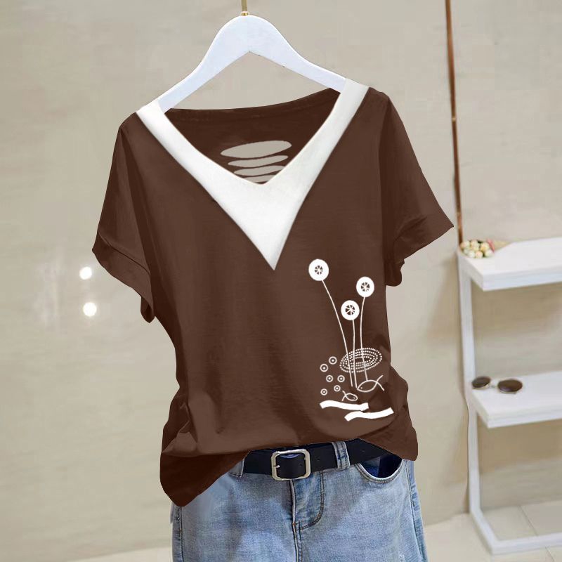 Women's cotton V-neck short-sleeved top 2024 Summer new versatile loose slimming chubby girl niche Western style Korean style T-shirt