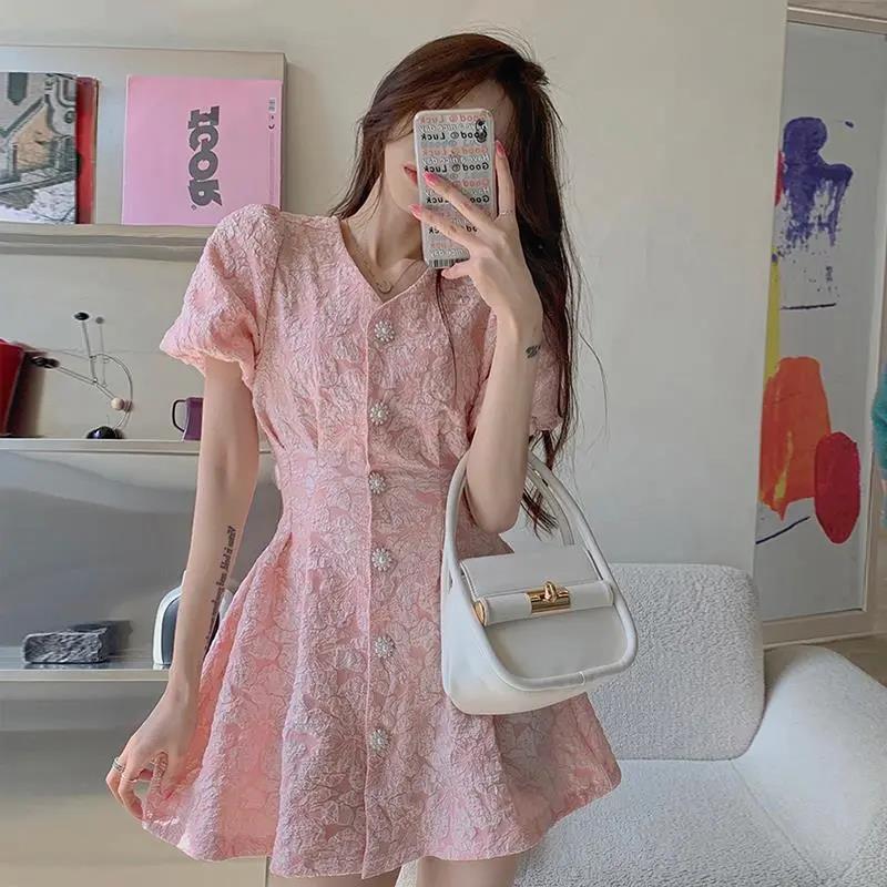 Summer V-neck Tight Waist Tight Machine Backless Short Skirt Three-dimensional Embossed French Style dress Women's Puff Sleeve Small