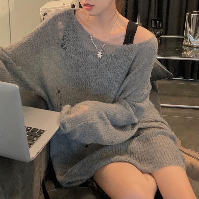 Lazy Style Gray Ripped Hollow One-Line Collar Long-Sleeved Knitwear for Women 2024 Spring & Fall Loose and Versatile Pullover Top