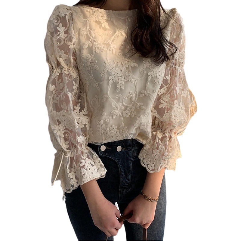 Cross-border French Girl Korean Style Chic Stylish Shirt Embroidered Lace Shirt Elegant All-match Back Lace-up Top