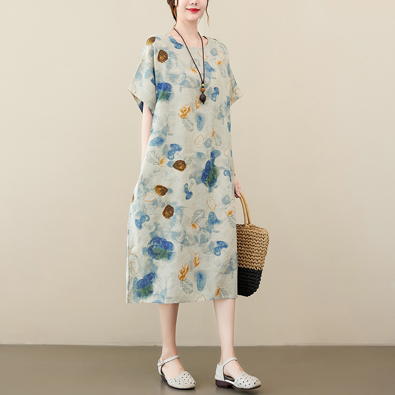 Summer new cotton printed loose short sleeve chubby girl over the knee dress retro elegant women's foreign trade plus size skirt