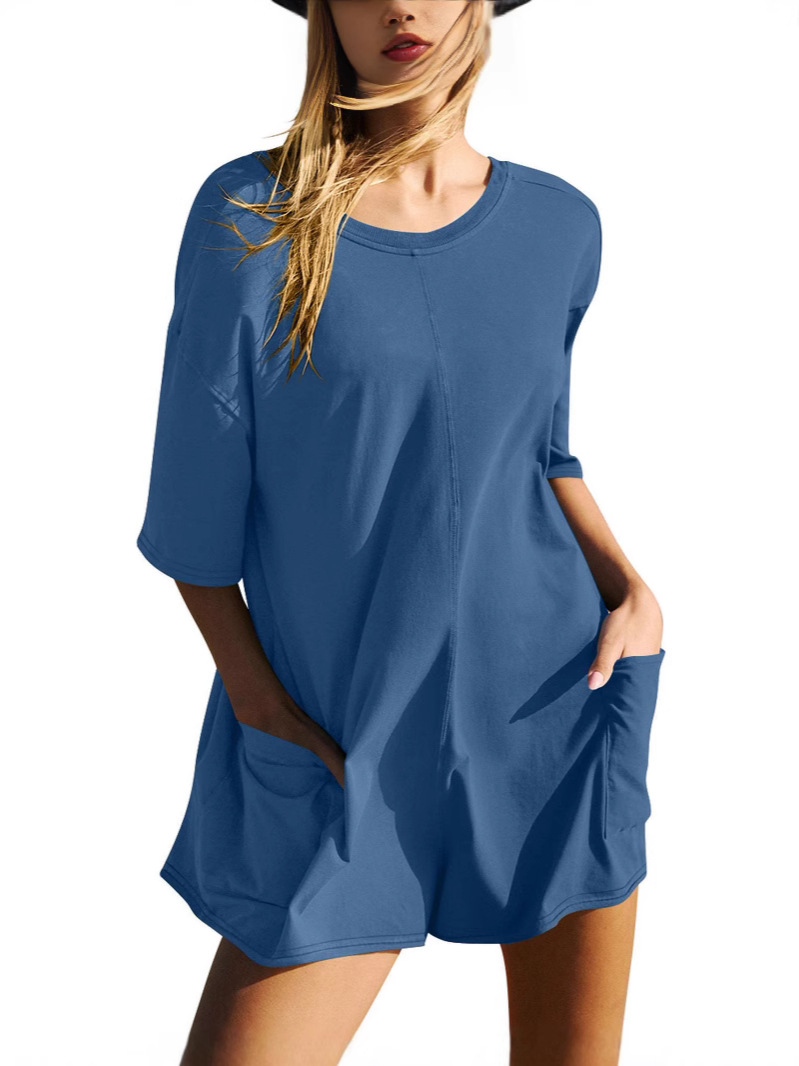 Picture of Amazon European and American Women's Independent Station New Loose Casual Pocket Pumpsuit Short Sleeve V-Neck Backless Pumpsuit