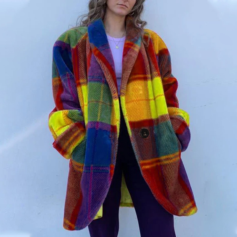 Picture of 2025 Cross-Border European and American Autumn Export Women's Clothing Amazon Long-Sleeved Lapel Color-Blocked Outwear Printed Woolen Long Outwear