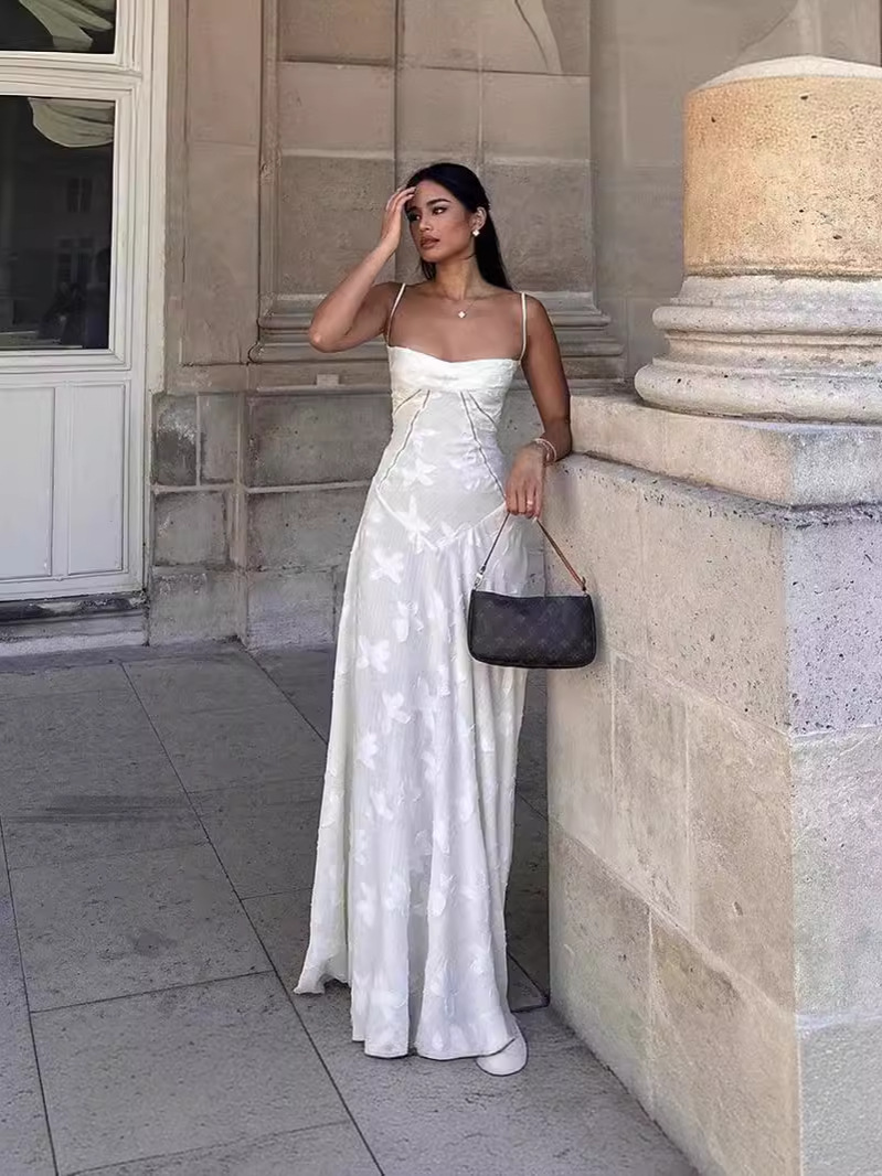 Popular French Style Super Fairy Seaside Holiday White Hollow Texture Embroidered Large Swing Dress Women's Long Dress