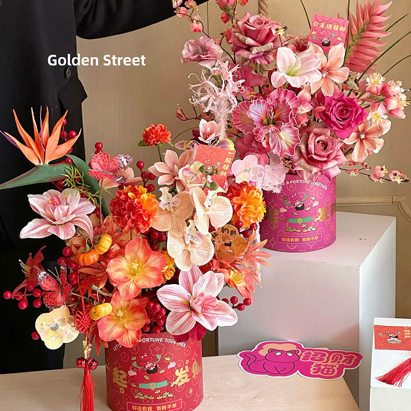 2025 God of Wealth Set Two Hold Bucket Empty Bucket bouquet New Year Bucket Flower Arrange diy Material Flower Shop Supplies