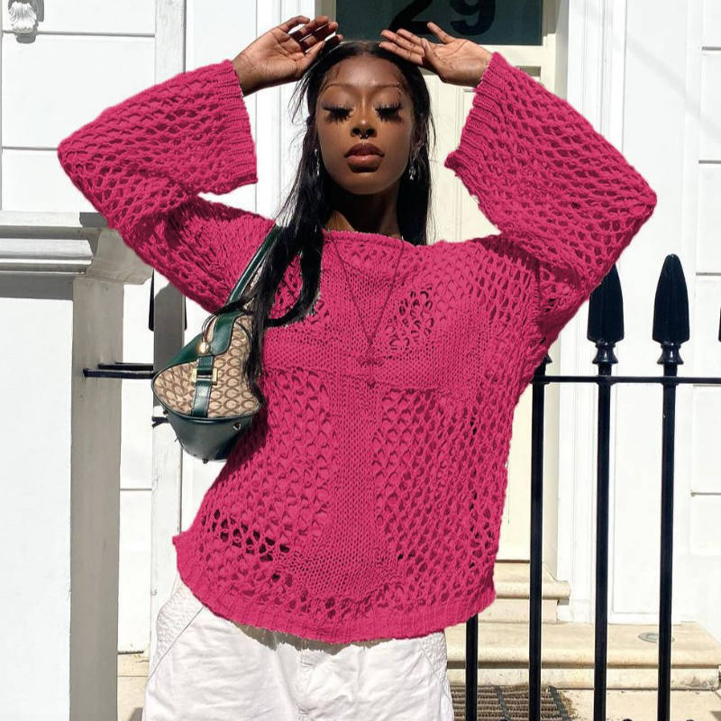 Amazon AliExpress New Women's 2025 Summer Round Neck Hollow Air-conditioning Shirt Perspective Beach Knitwear