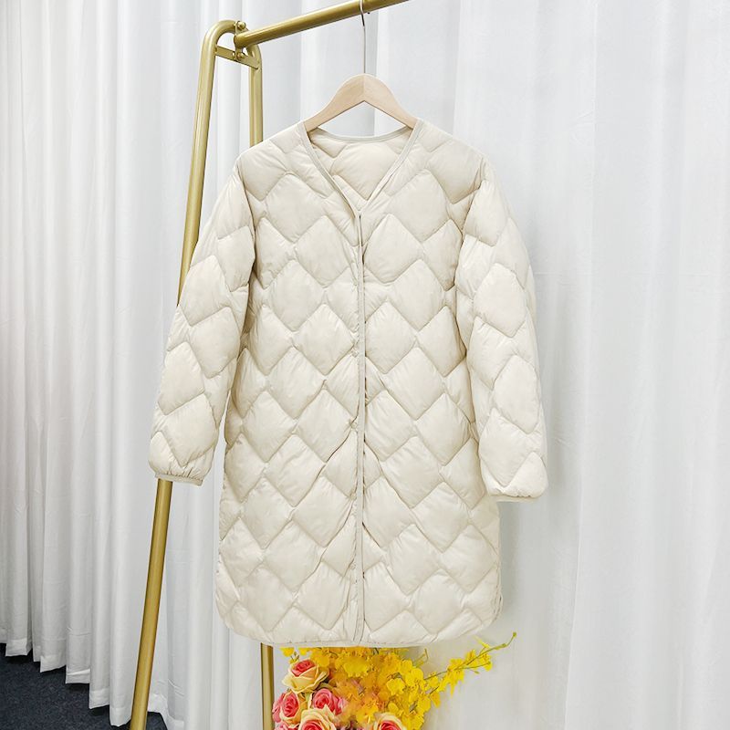Picture of Cross-border TikTok autumn and winter new lightweight down jacket women's long V-neck long Korean collarless liner coat