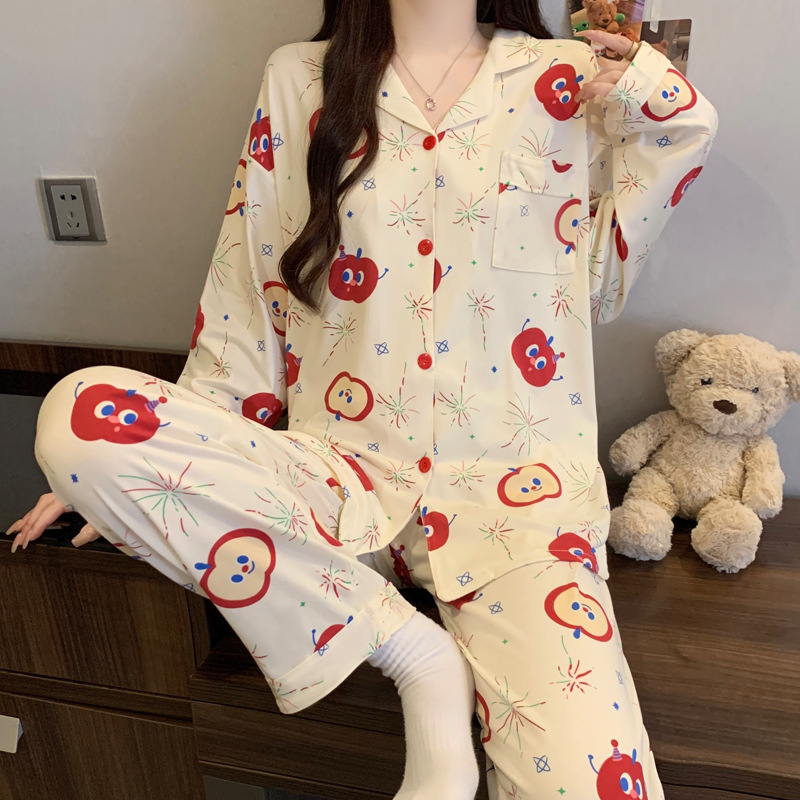 Picture of New Ins Pajamas for Women Simple Stripesd Internet Celebrity Long-Sleeved Cardigan Girl Korean Version Thin Home Wear Set Wholesale