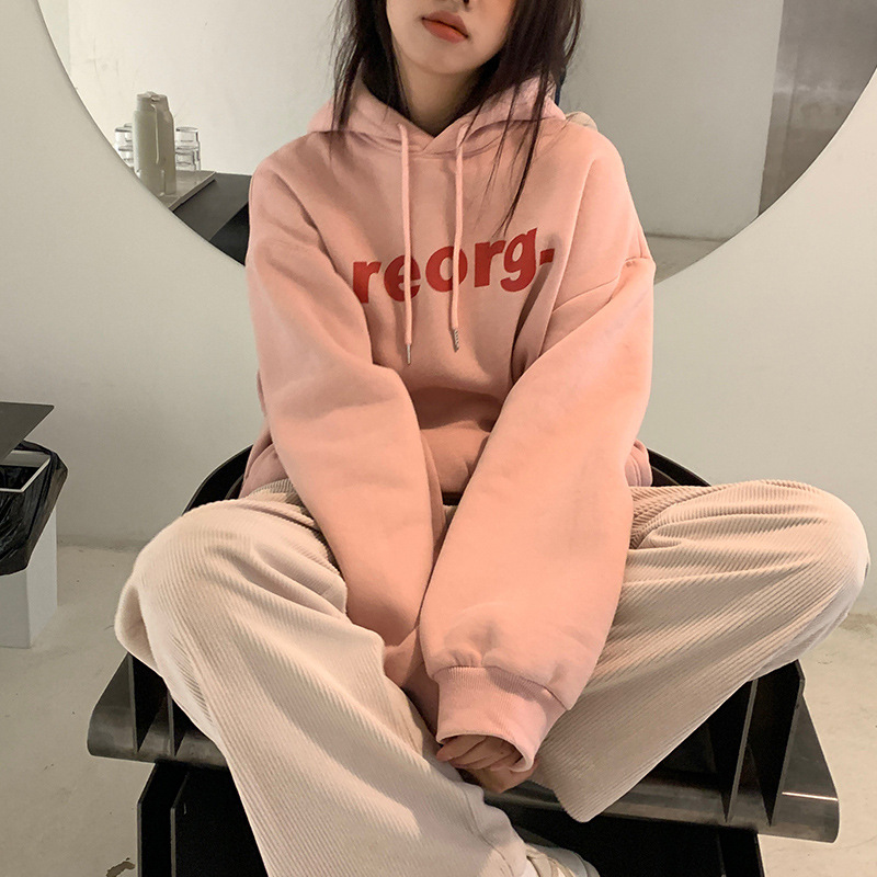 Picture of Plush Sweatshirt Women's Letter Print Korean Style New Hooded Jacket Trendy Student Loose Top Foreign Trade Women's Clothing Wholesale