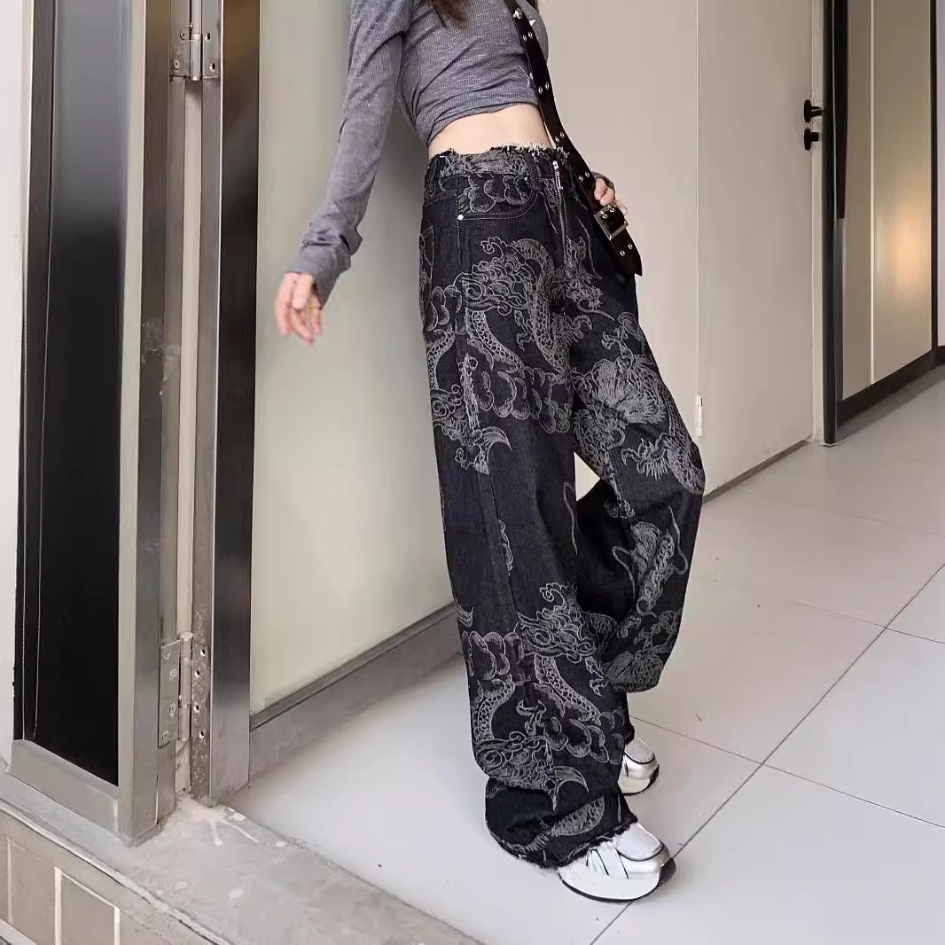 Picture of American National Trend Dragon Pattern Print Sense of Design Design Raw Edge Wide Leg Jeans for Women High Waist Loose Slimming Look Floor Mopping Pants