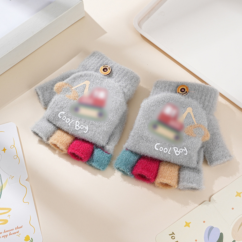 Picture of Children's flip gloves autumn and winter boys half finger warm cute Primary School students writing knitted dual-purpose gloves wholesale