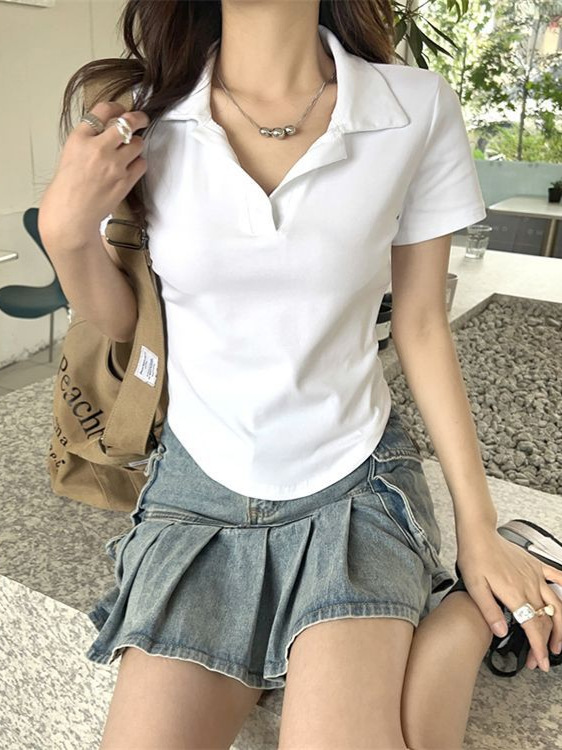 Spice Girls Short-sleeved Shoulder T-shirt Women's Summer Design Sense Niche Pure Desire Slim-fit Short Lapel Top