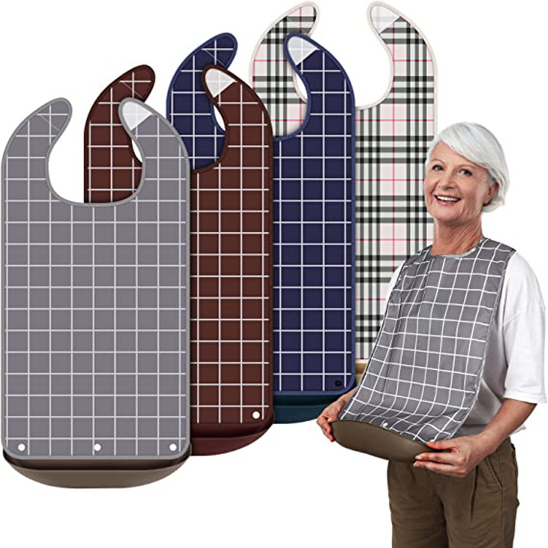 Picture of Elderly Bib Adult Smock Waterproof and Dirt-Resistant Large Size Dining Bib Apron Plaid Style