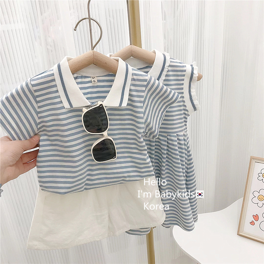 Children's shorts suit boys and girls summer clothes girls striped short sleeve POLO dress brothers and sisters clothes fashionable children's foreign trade
