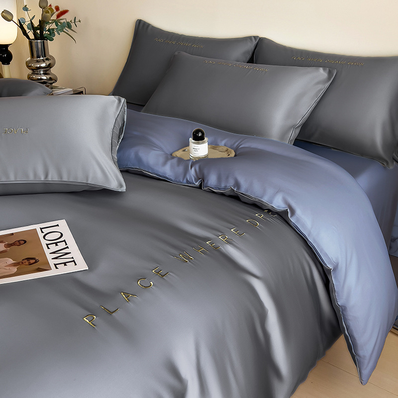 Light Luxury Style High-End Four-Piece Washed Cotton Pure Color Embroidered Double Quilt Cover Ice Silk Bed Sheetss Student Dormitory Three-Piece Set