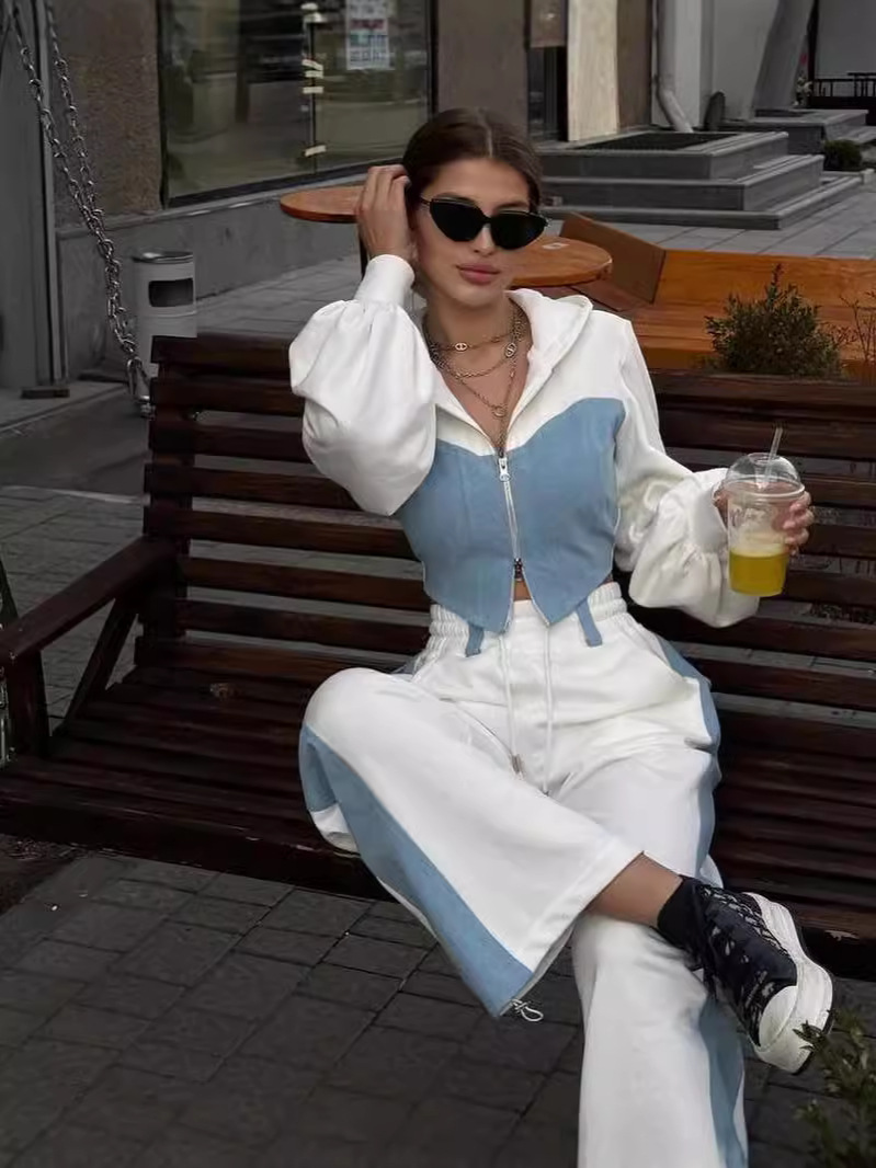 Picture of 2025 Cross-Border European and American Style Fashion Casual Sweatshirt Suit Denim Splicing Hooded Top and Pants Two-Piece Set for Women