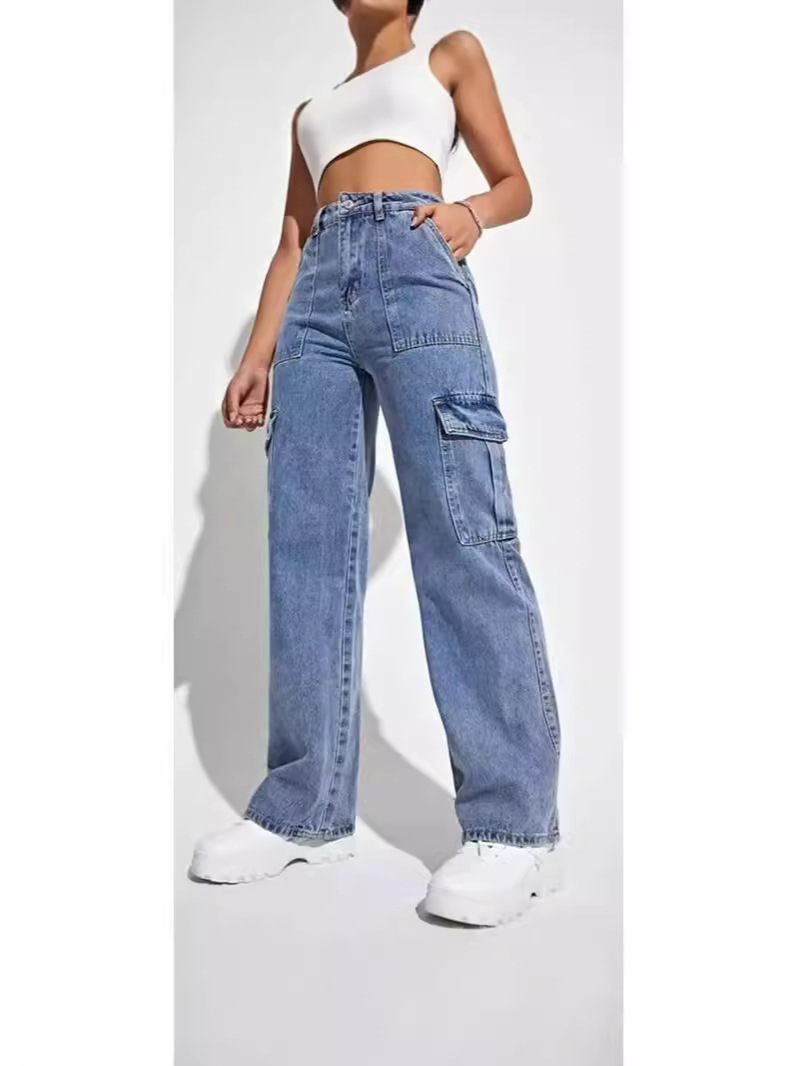 Cross-border explosions in Europe and the United States cross-border women's tooling multi-bag straight Denim trousers elegant straight pants tooling style