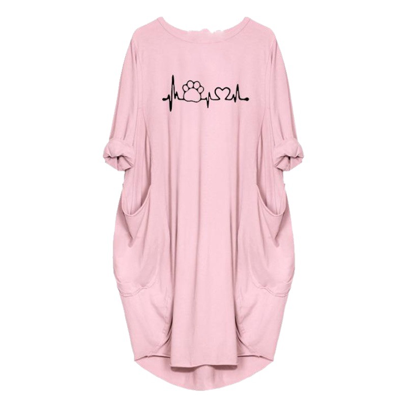 2019 Cross-border Cat Footprint ECG Print Women's Casual Loose Large Size Pocket Long Sleeve Dress