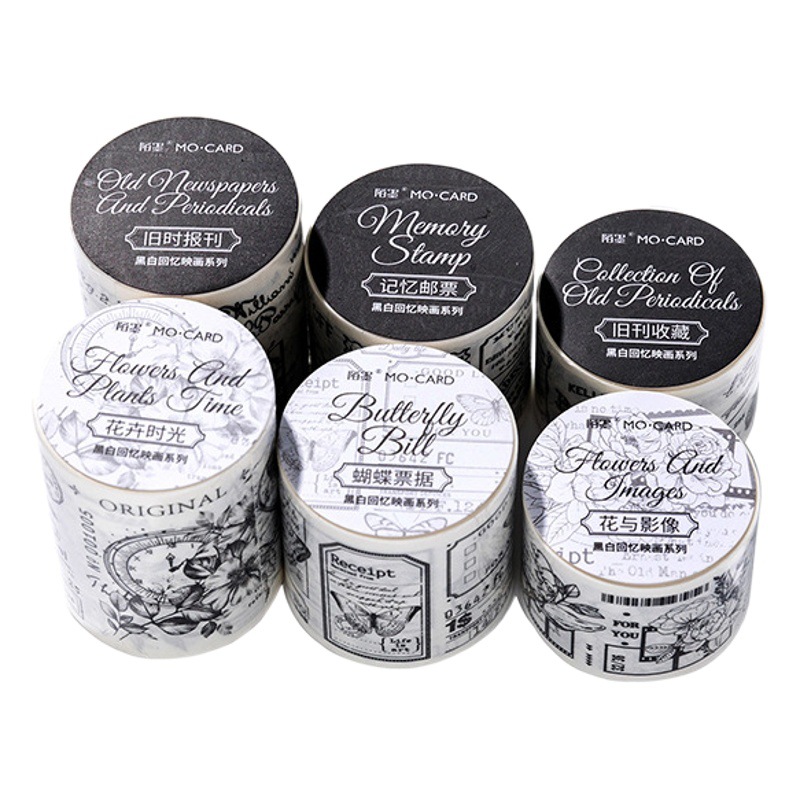 Momo retro black and white and paper tape black and white memories reflection painting series Journal DIY decorative collage base 6 models