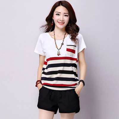 2021 summer new striped stitching short sleeve t-shirt women's top loose large size women's round neck T-shirt women's foreign trade