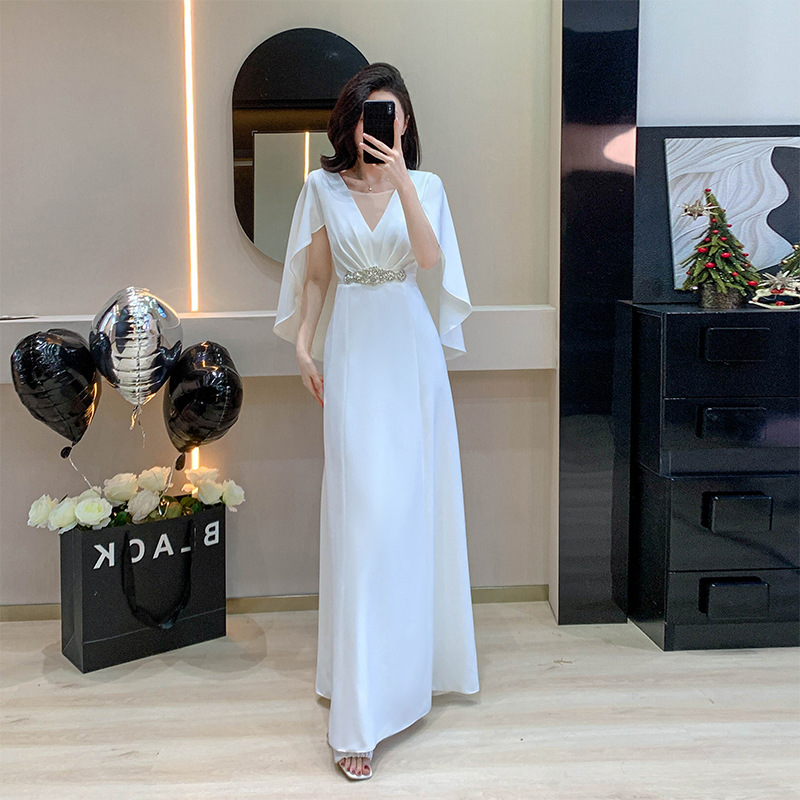 2025 New Guzheng Performance Dress Adult Women White Long Dress Stage Performance Folk Music Performance Dress