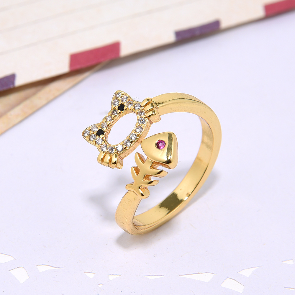 Picture of 4 Copper Set Zircon Activity Loving Heart Open Female Ring Pet Cat Fish Bone Loose Mouth Finger Ring Gold Color Preservation Jewelry
