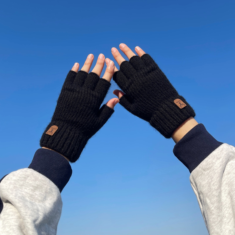 Wool Knitted Gloves Men's Autumn and Winter Finger-exposed Students Writing Typing Riding Touch Screen Warm Half-finger Finger-leaking Elasticity