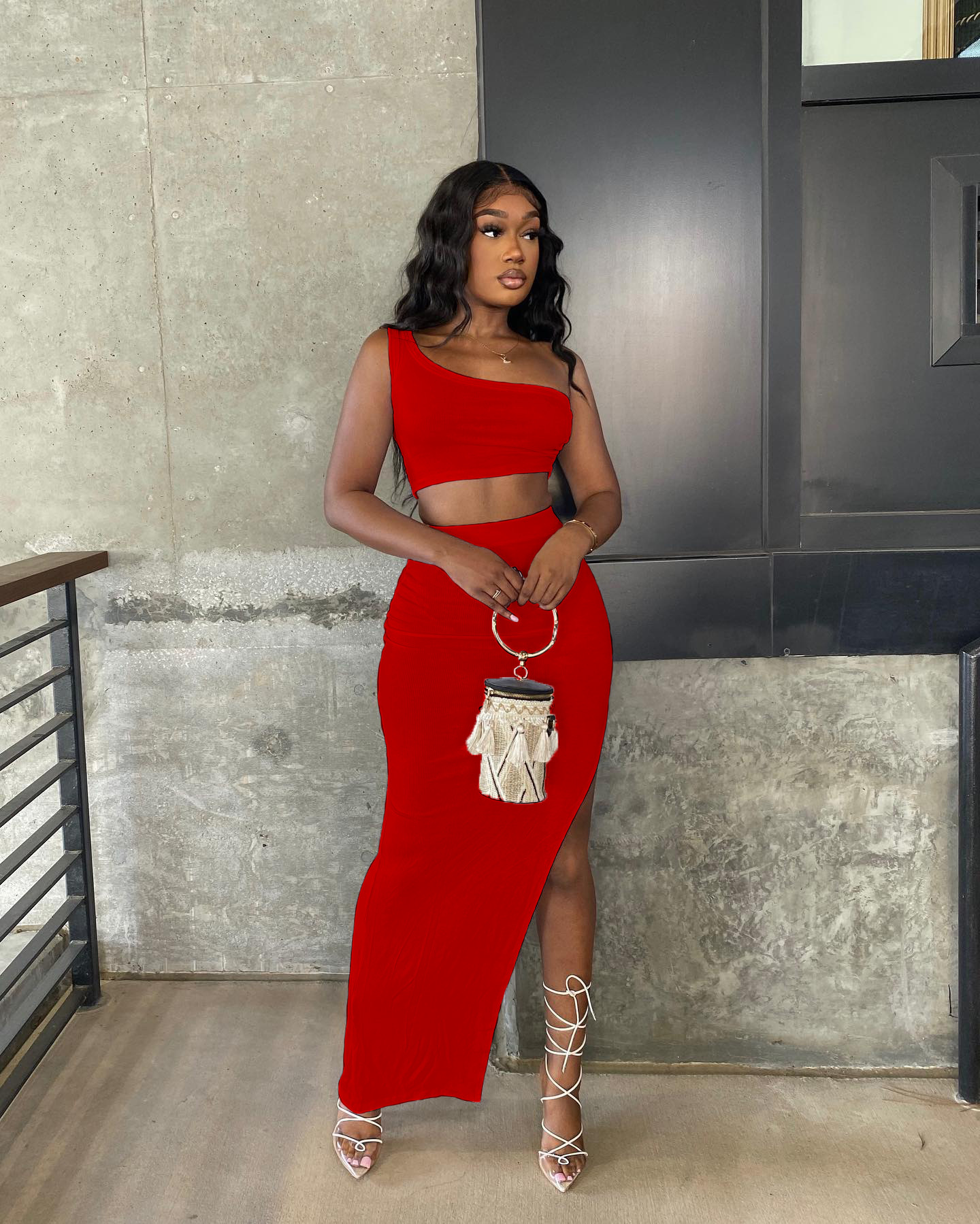 Picture of A5306 Cross-border Independent Station Foreign Trade European and American Women's Summer Solid Color Ice Silk Pit Single Shoulder Split Set