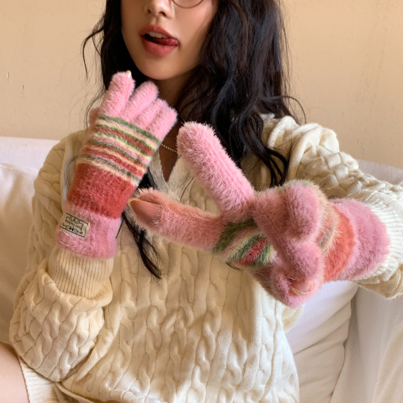 Autumn and Winter Cold-proof Warm Knitted Wool Gloves Finger Solid Color Morandi Color Rainbow Fashion Personality Touch Gloves