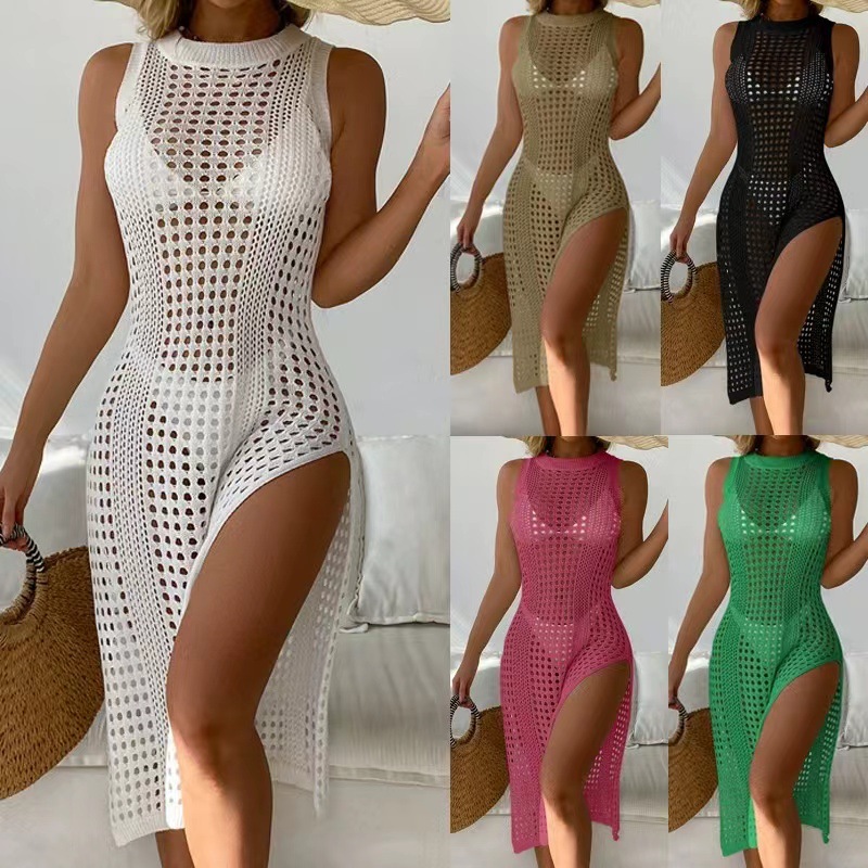 Vacation Sexy Solid Color Round Neck Sleeveless Breathable Knitted Long High Split dress Beach Sunscreen Blouse