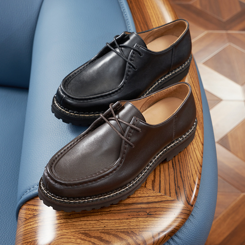 Retro First-Layer Cowhide Kangaroo Shoes Japanese Style Low-Top Genuine Leather Workwear Loafers Square Toe Lace-Up Casual Leather Shoes