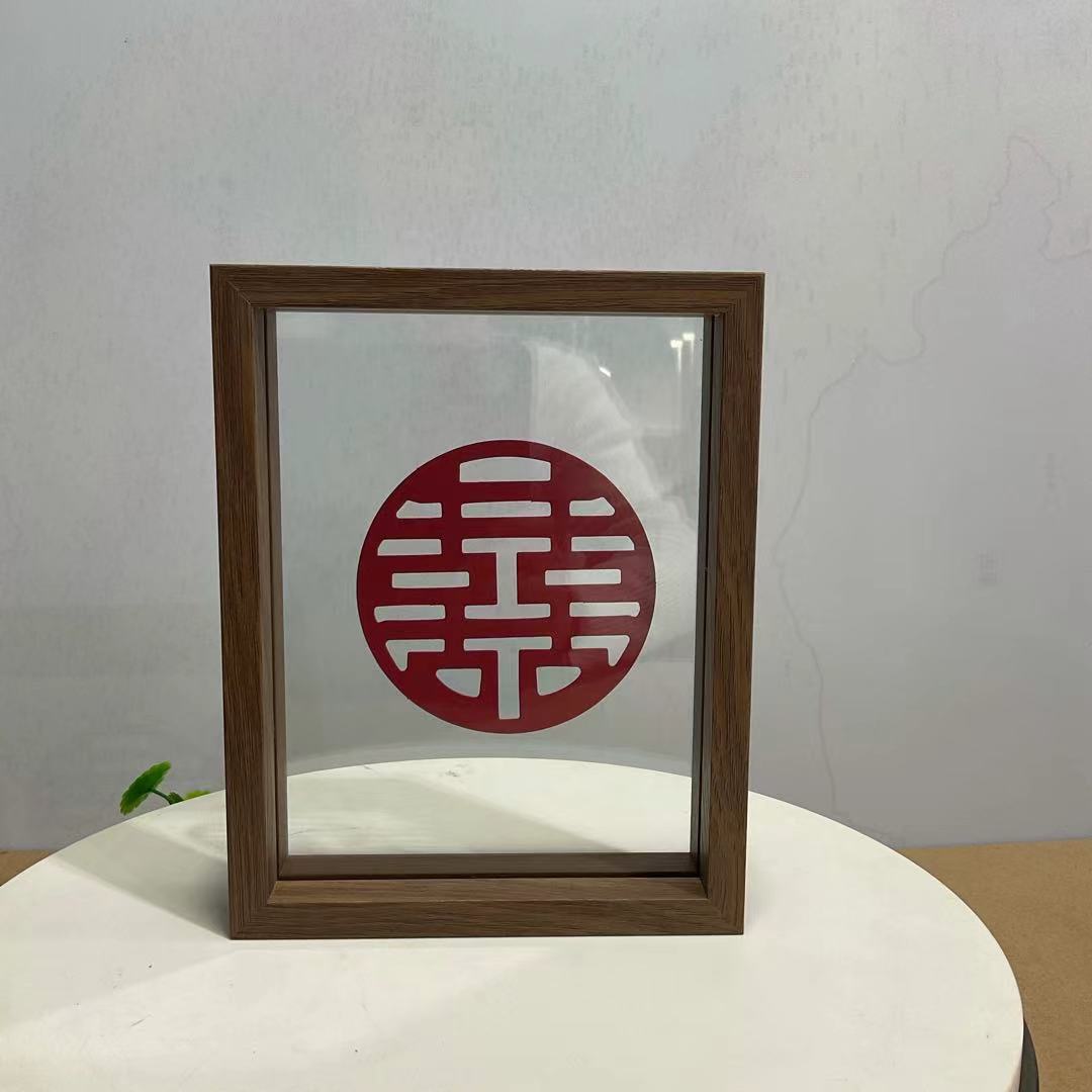 Picture of Leaf Photo Frame, Double-Sided Photo Frame with the Character for Happiness, Wedding Decoration, Leaf Carving Photo Frame, Chinese-Style Display Stand, Wedding Room Decoration, Double-Sided Photo Frame