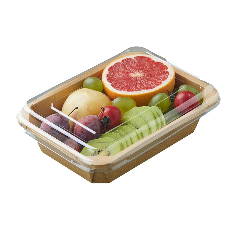 Picture of Disposable kraft paper long octagonal bowl picnic travel packing box takeout fruit cutting box high transparent convex cover waterproof