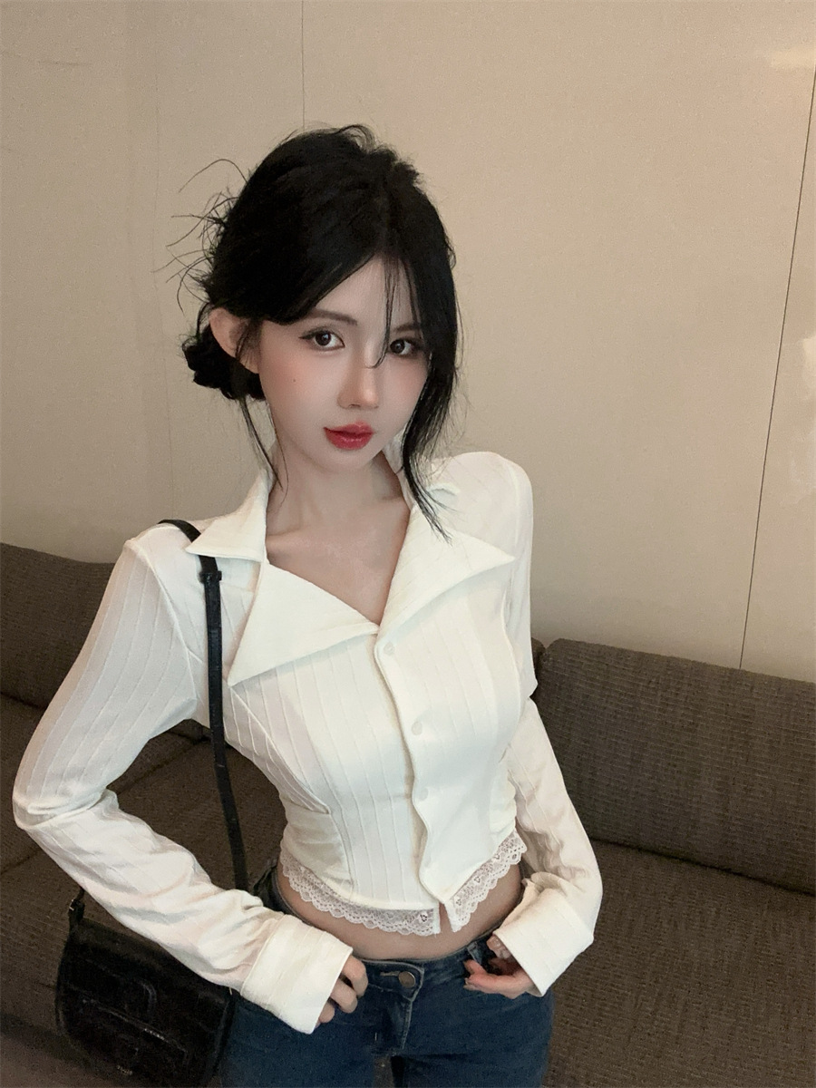 White Lace Long Sleeve Shirt Women's Early Autumn Design Sense Niche Shirt Unique Chic Short French Top