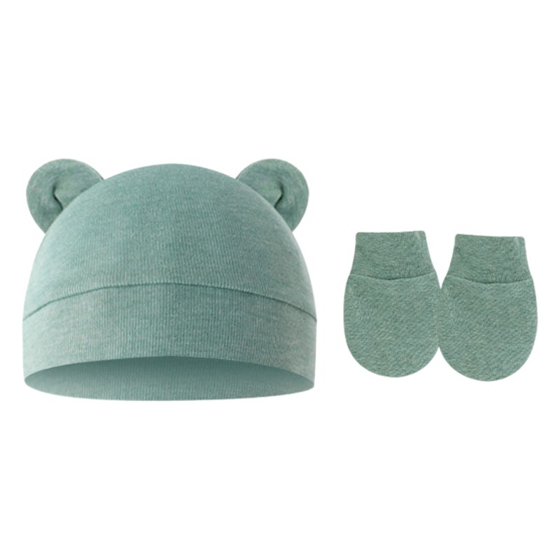 2022 Foreign Trade Baby Fetal Hat Baby Pullover Cap Single Layer Bear Ear Hat Anti-scratch Gloves 2 Pieces Set