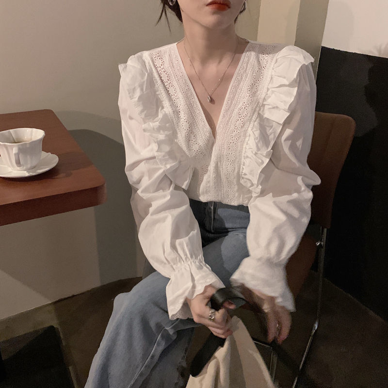 Autumn 2024 New Design French Age-Reducing Ruffled V Neck Loose White Long-Sleeved Shirt Tops for Women