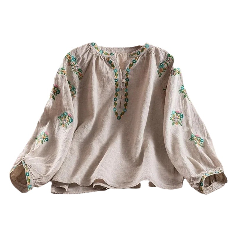 Women's Spring and Autumn Cotton Linen Artistic Retro Heavy Embroidered V-neck Shirt Loose Slimming Ethnic Style All-match Small Shirt