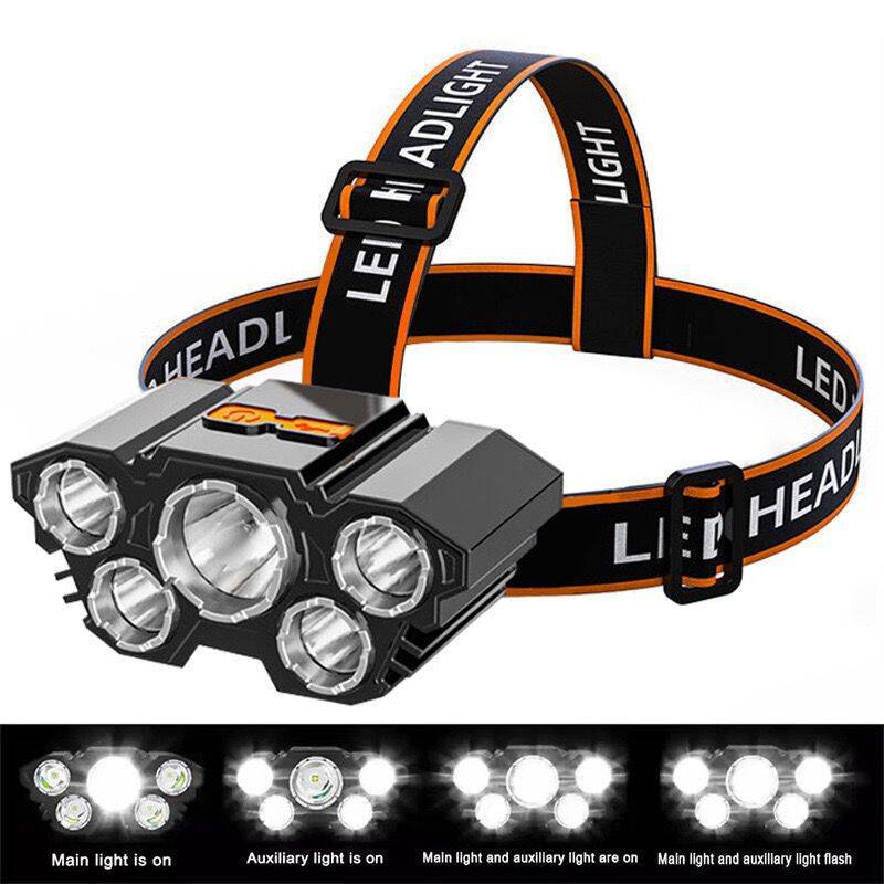 Cross-border new LED strong light five headlights usb rechargeable super bright headlight outdoor fishing waterproof headlamp