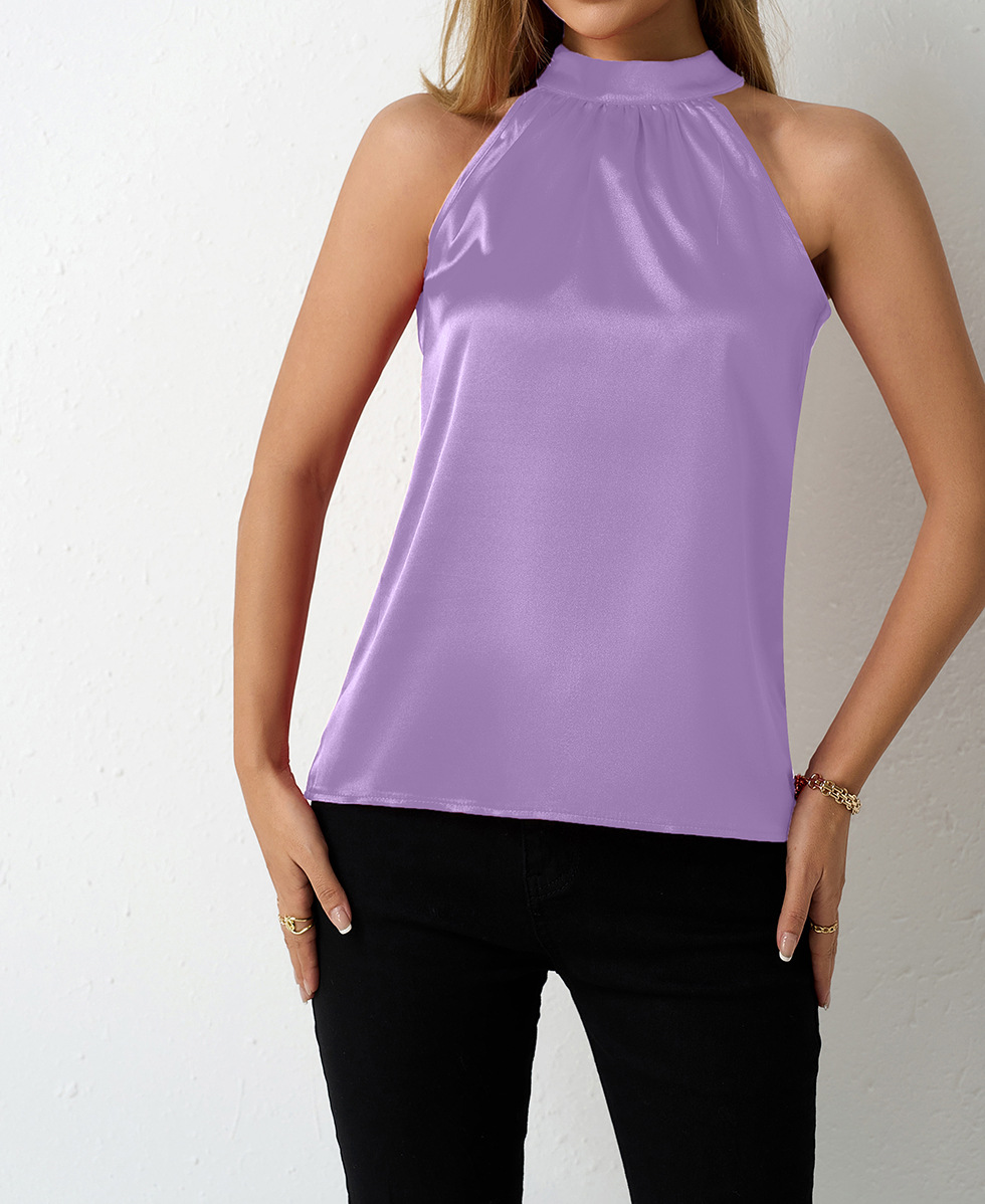 Picture of Real Shot of Amazon European and American Cross-Border Women's Clothing Export Summer New Satin Vest Women's Off-Shoulder Halter Satin Top
