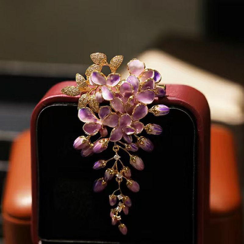 Dili Snow French Romantic Flower Tassel Wisteria Flower Brooch Pin Women's Flower Fair High-end Jewelry Customization