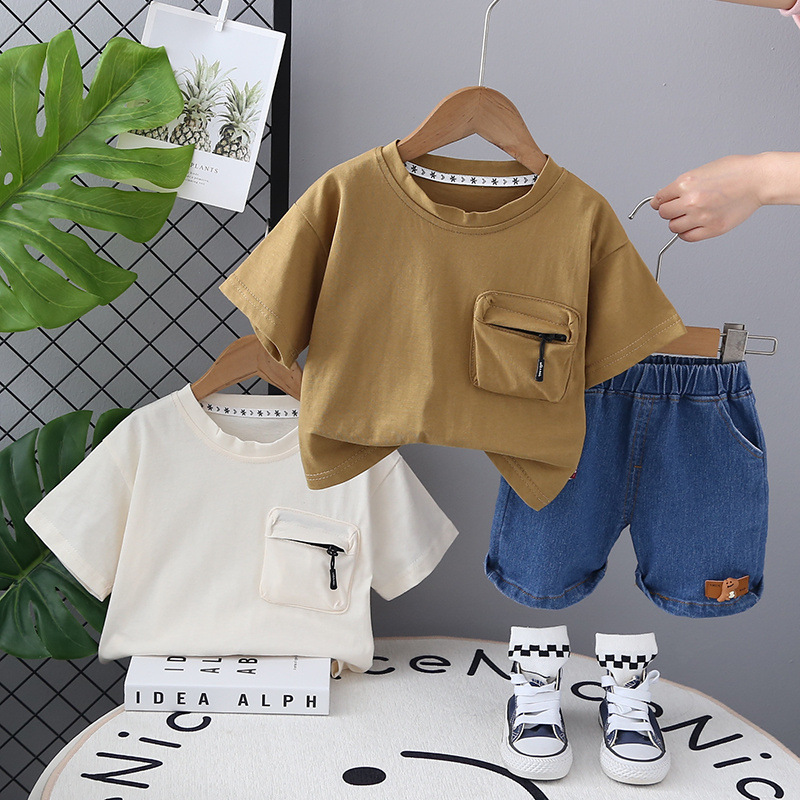 2025 new boys summer casual boys baby children summer thin solid color pocket short sleeve two-piece foreign trade