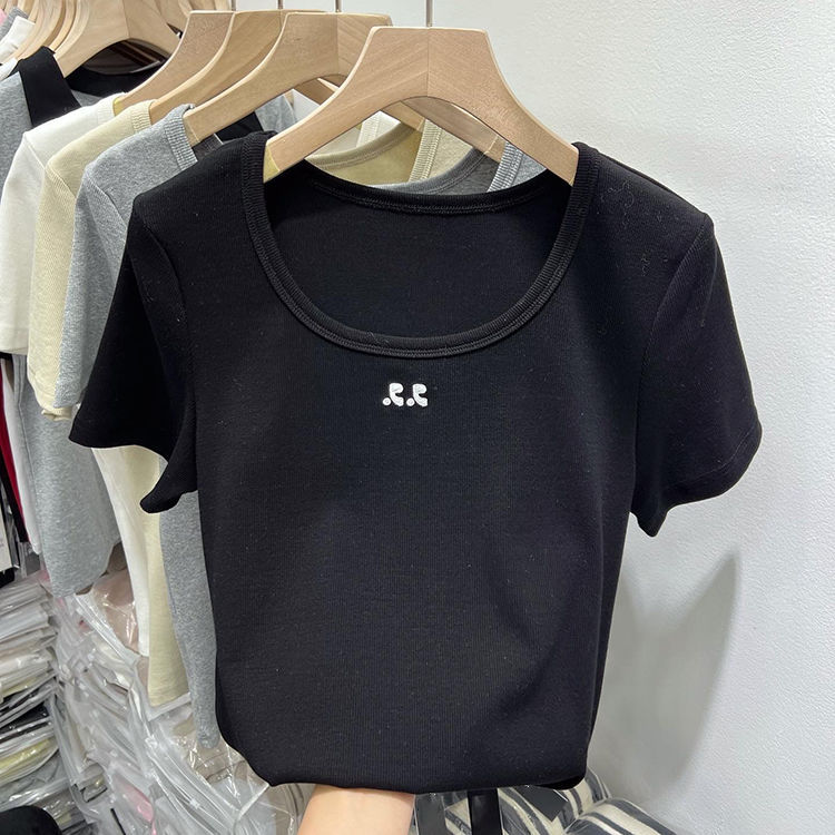 Summer New Niche Design Sense Square Collar Short-sleeved T-shirt Women's Slim-fit Slimming Embroidered American-style Inner Wearing Top