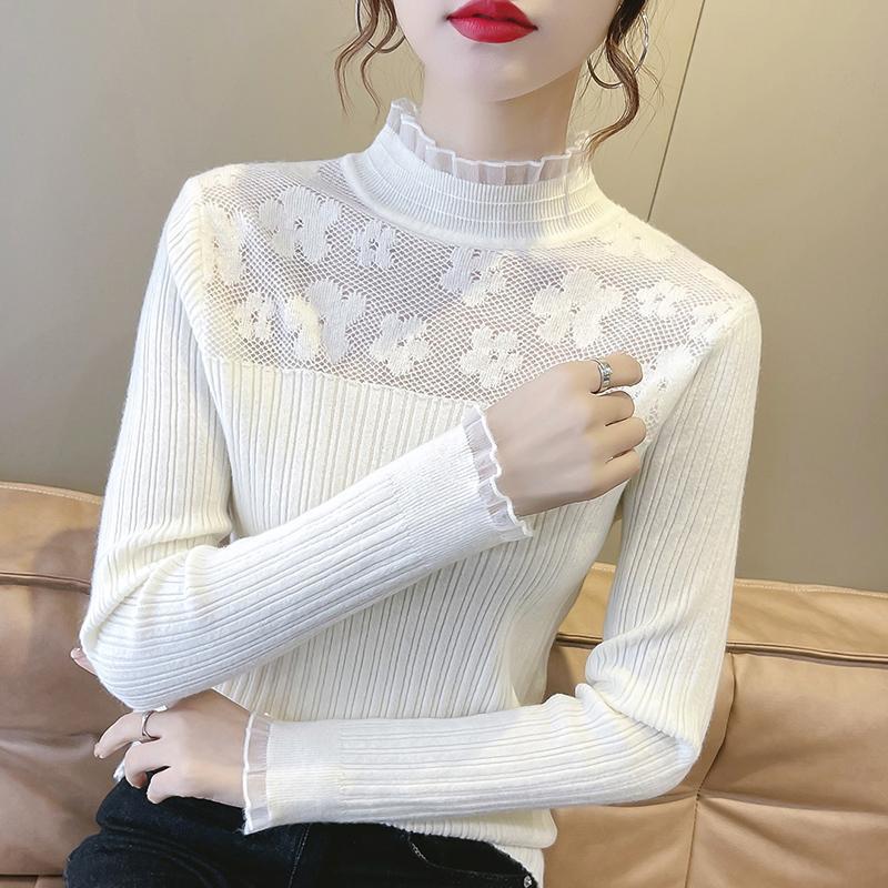 Lace Top Women's Spring and Autumn Knitwear Women's New Style All-match Long-sleeved Knitwear Pullover Sweater Base Shirt