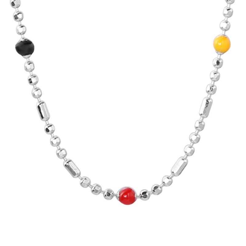 S925 Sterling Silver Rainbow Bean Necklace Women's Cut Face Design Drop Oil Silver Beads Simple Advanced Design Sense N1065