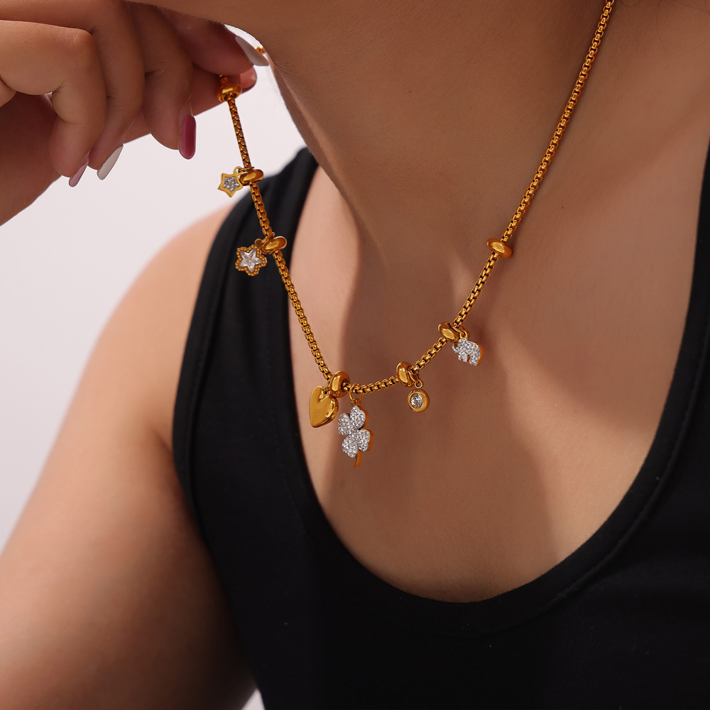 Picture of Korean Style Ins Style Fashion Transfer Beads Bracelet Necklace Internet Celebrity Design Simple Four-leaf Flower Diamond suit Niche Female