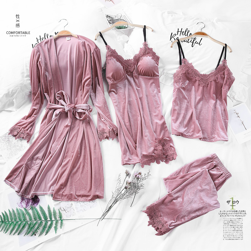 Autumn and Winter gold velvet pajamas set women's suspender nightdress sexy nightgown four-piece set new velvet can be worn outside