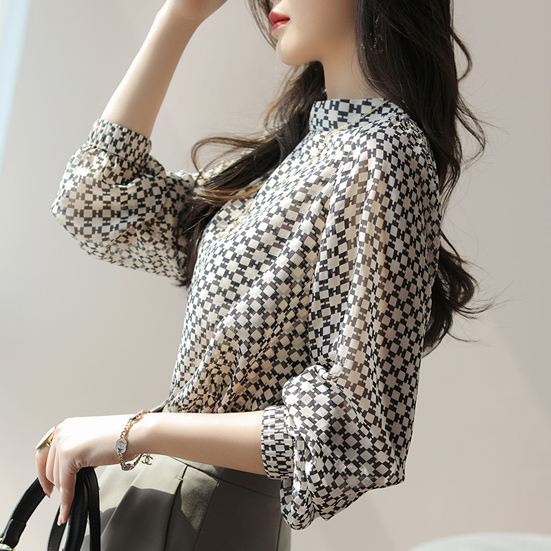 Printed semi-high collar double-layer georgette shirt BL#4272