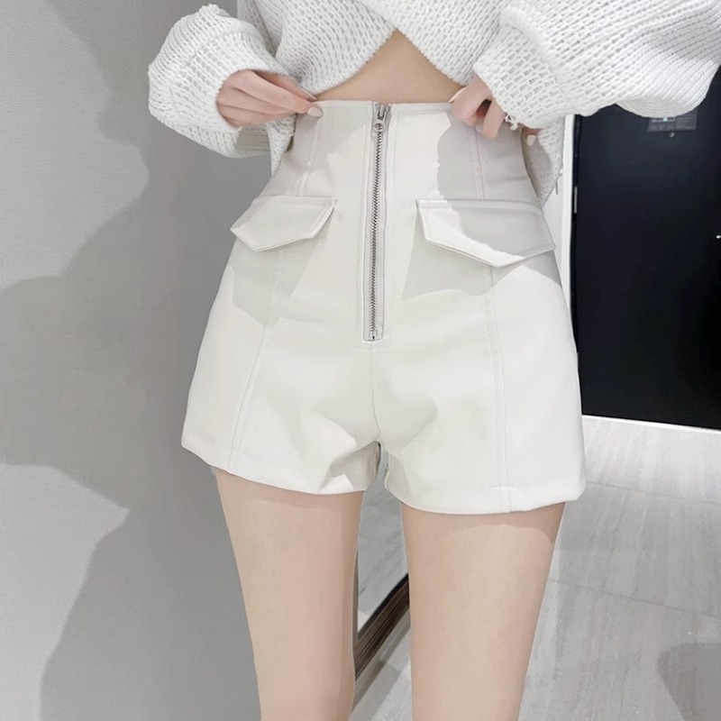 Boots Pants Outer Wear Autumn and Winter Wide Legs Loose Fashion High Waist A- Shaped Black PU Leather Shorts New Shorts Women's Leather Slimming