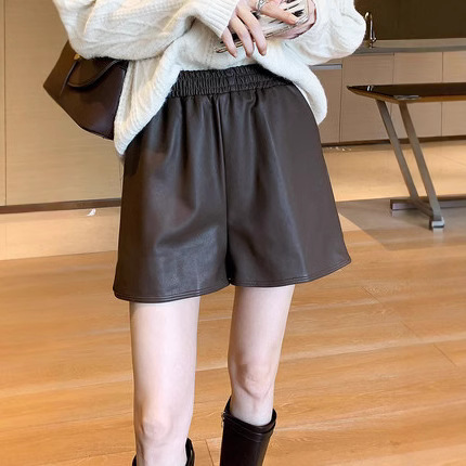 High Waist Leather Shorts Women's Autumn and Winter Loose Casual Slimming All-match Wide-leg Loose Waist Outer Wear A- shaped PU Leather Pants for Women