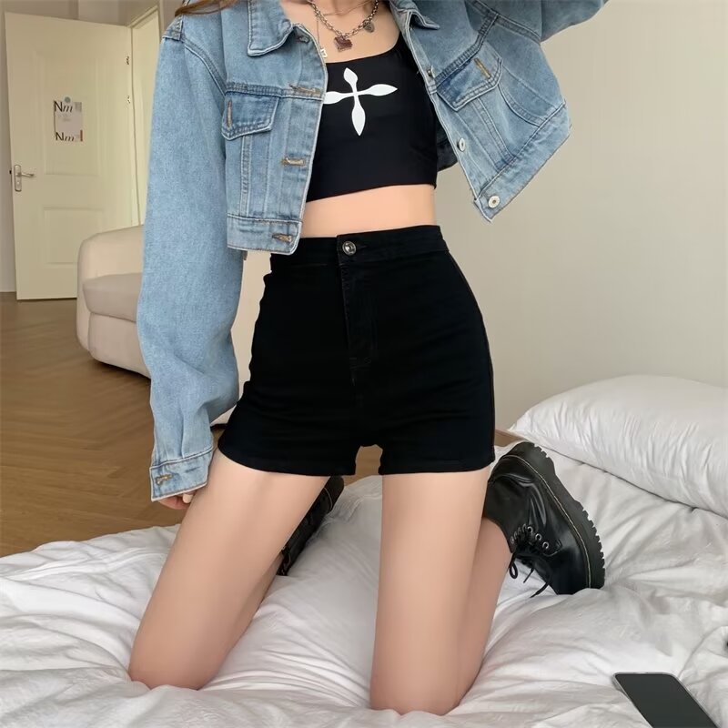 Picture of Black A- word Denim Shorts Women's Summer Spice Girls Stretch High Waist Slim Look Small Hot Pants Straight-leg Wide-leg Pants